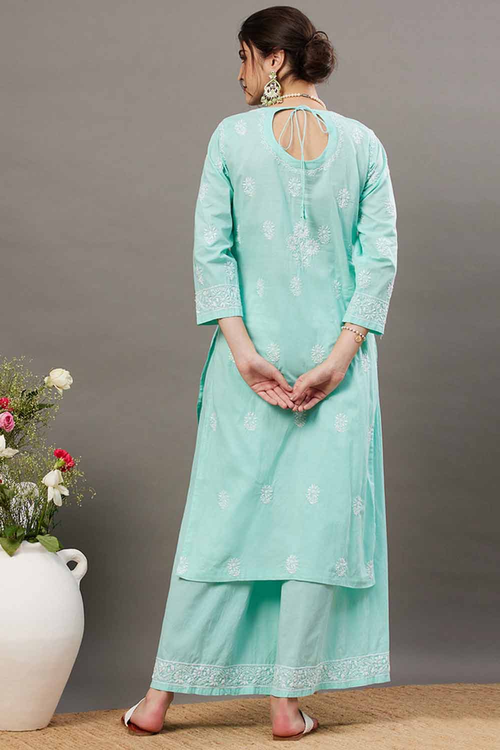 Sea Green Chikankari Kurta Set with Back Ties and Palazzo - Set of 2