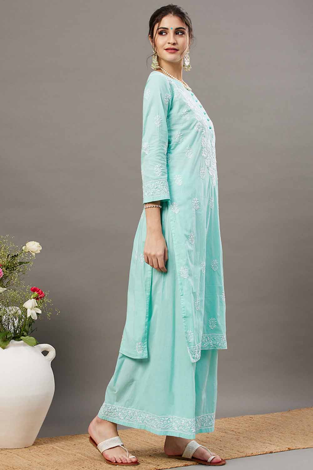 Sea Green Chikankari Kurta Set with Back Ties and Palazzo - Set of 2