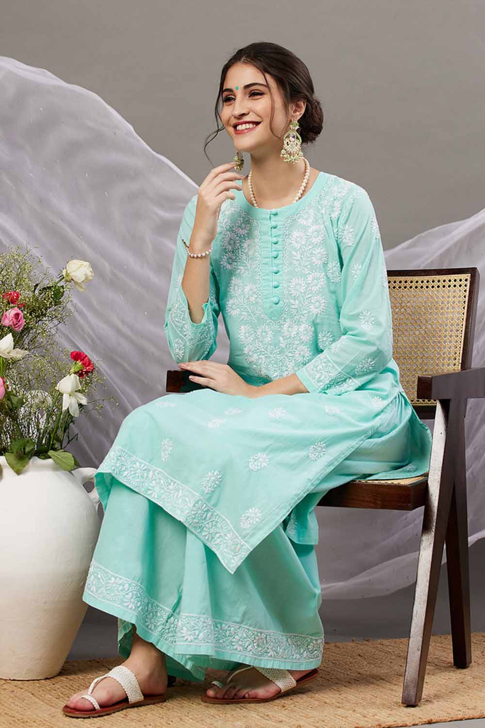 Sea Green Chikankari Kurta Set with Back Ties and Palazzo - Set of 2