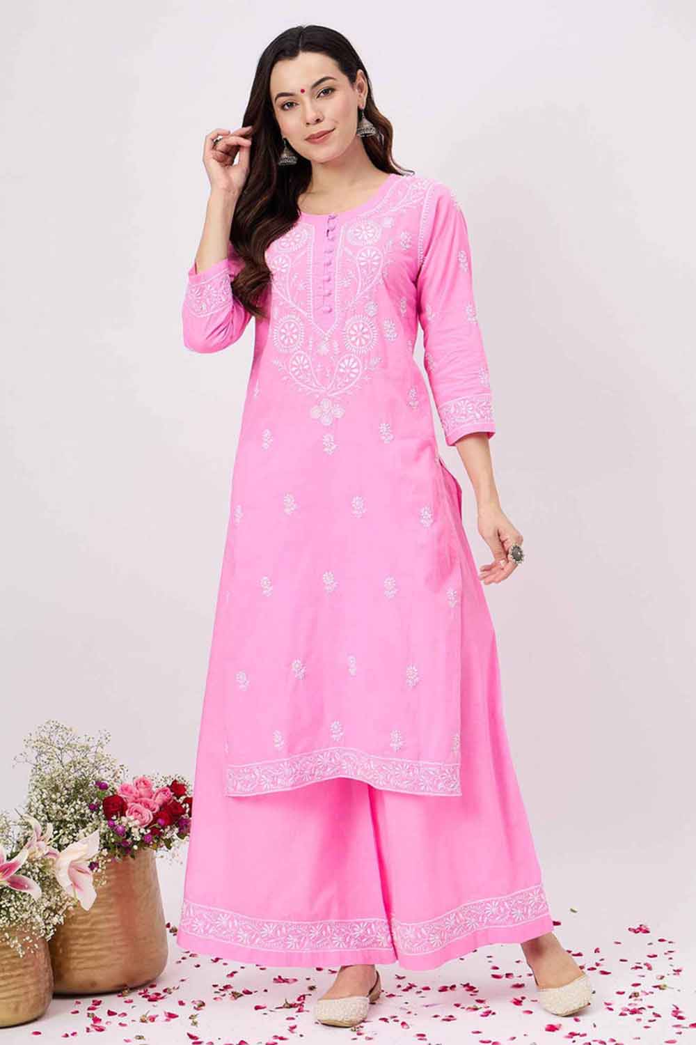 Pink Chikankari Kurta Set with Sharara - Elegant Cotton 2-Piece Outfit
