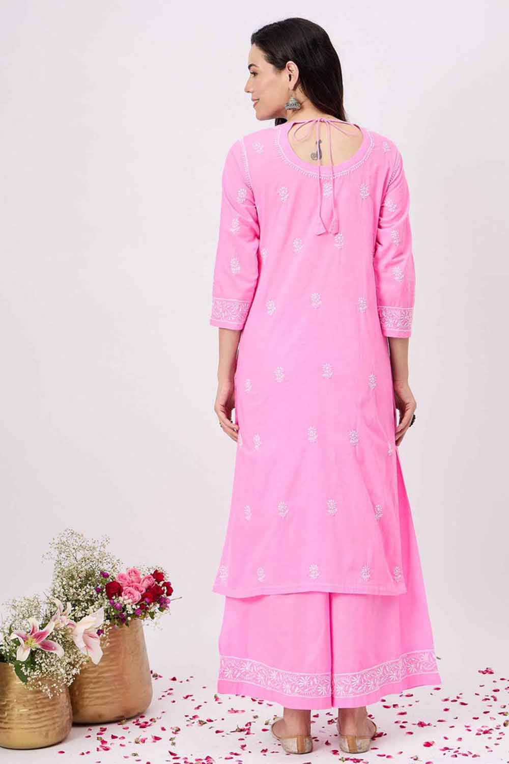 Pink Chikankari Kurta Set with Sharara - Elegant Cotton 2-Piece Outfit