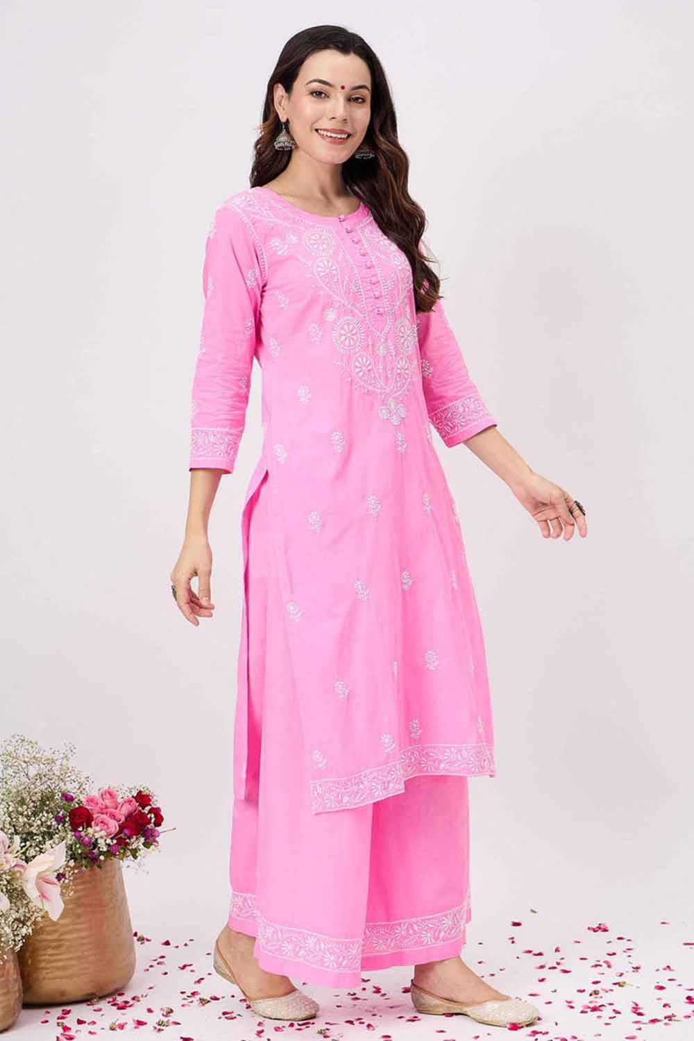 Pink Chikankari Kurta Set with Sharara - Elegant Cotton 2-Piece Outfit