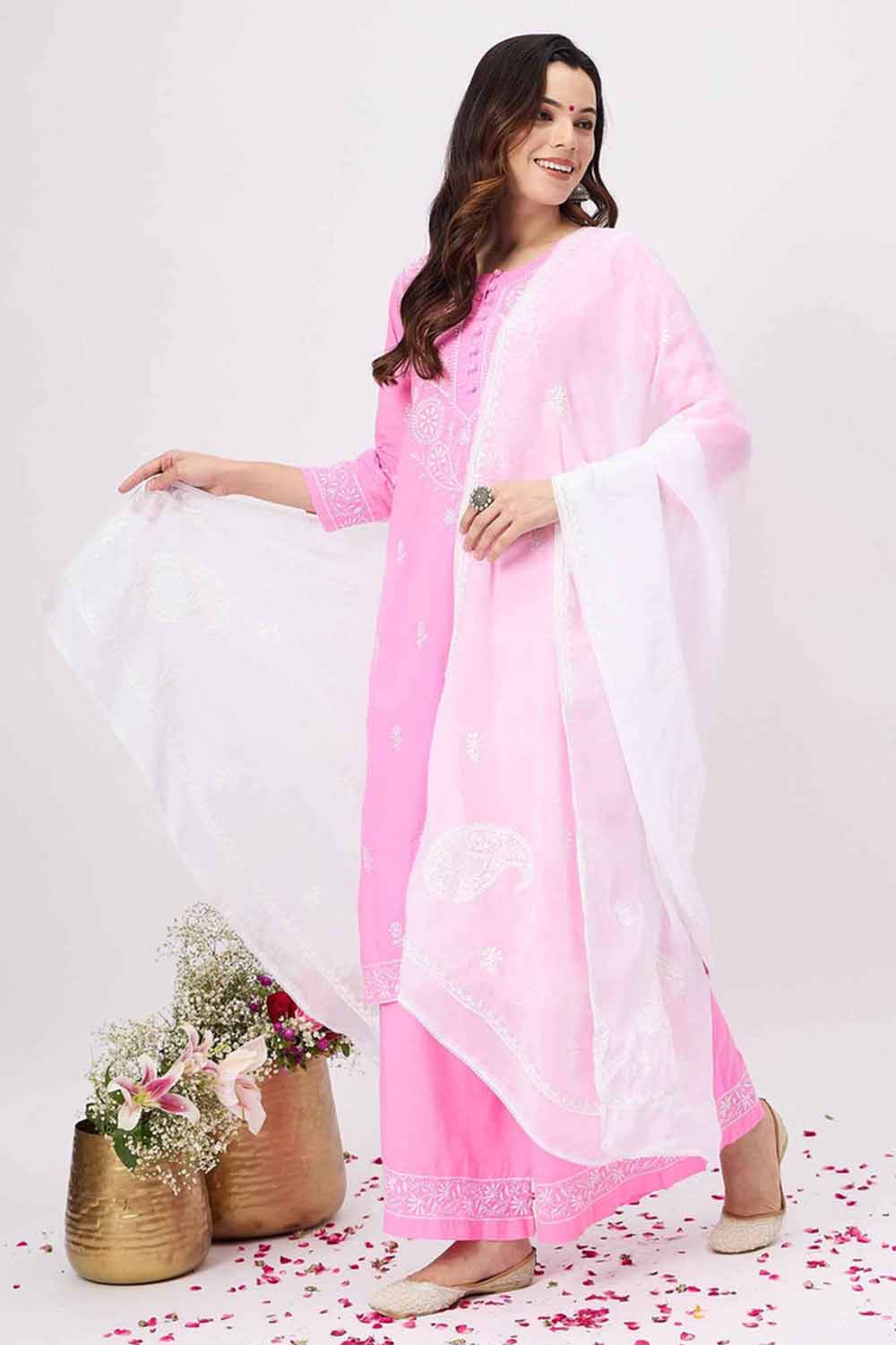 Pink Chikankari Kurta Set with Sharara - Elegant Cotton 2-Piece Outfit