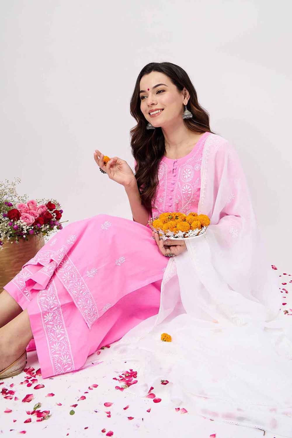 Pink Chikankari Kurta Set with Sharara - Elegant Cotton 2-Piece Outfit