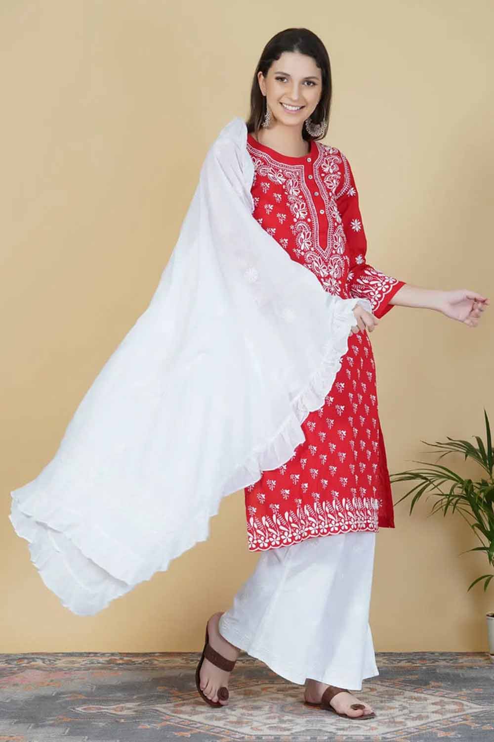 Red cotton kurta with side buttions and chikankari