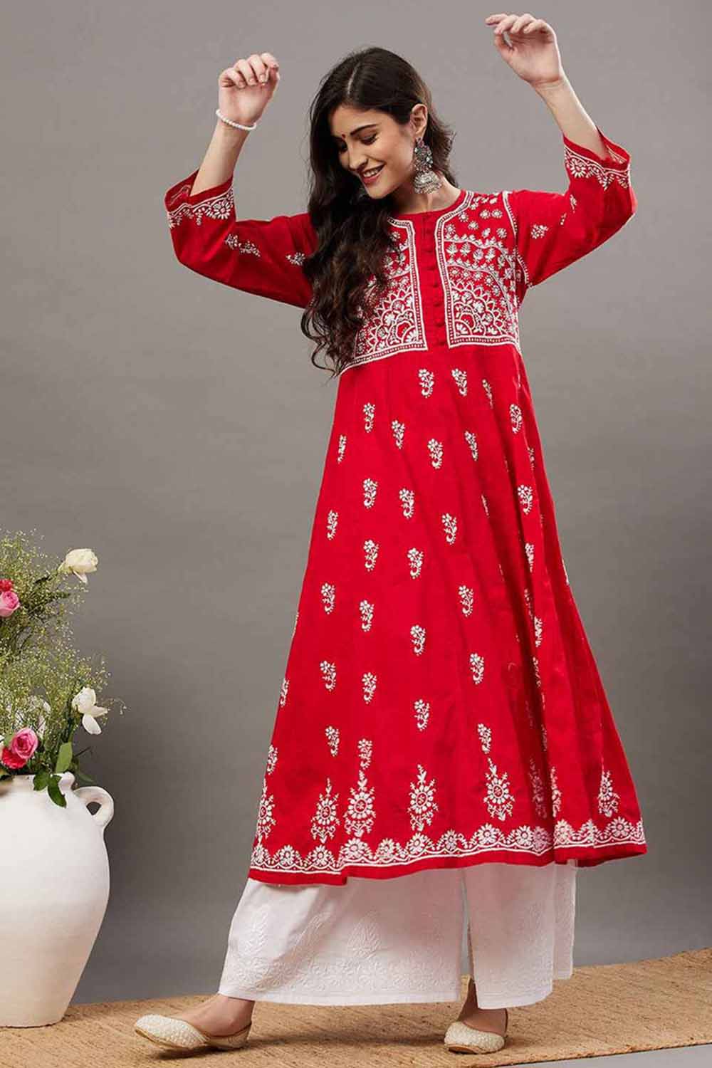 Red Cotton Anarkali Chikankari Round Neck
