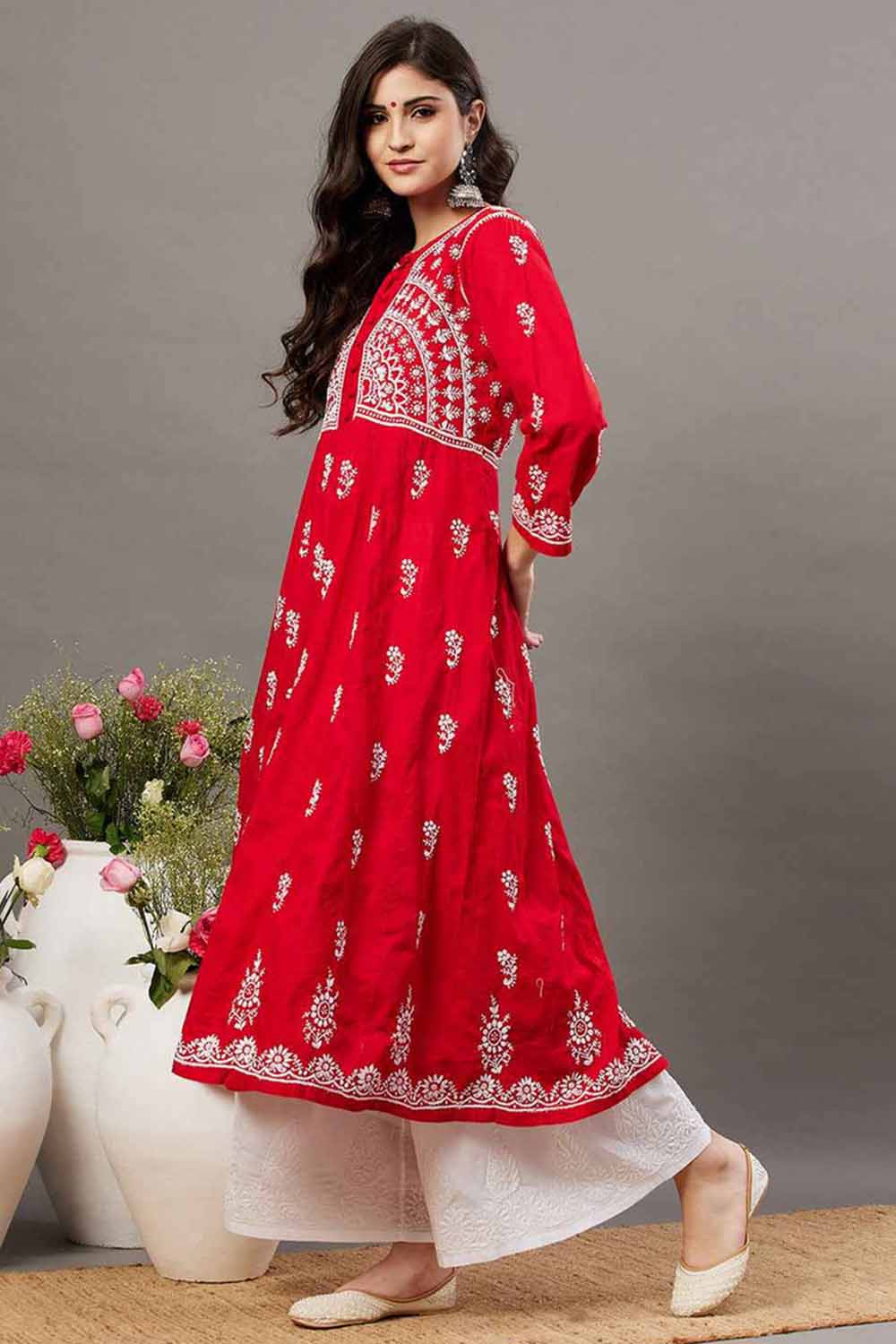 Red Cotton Anarkali Chikankari Round Neck