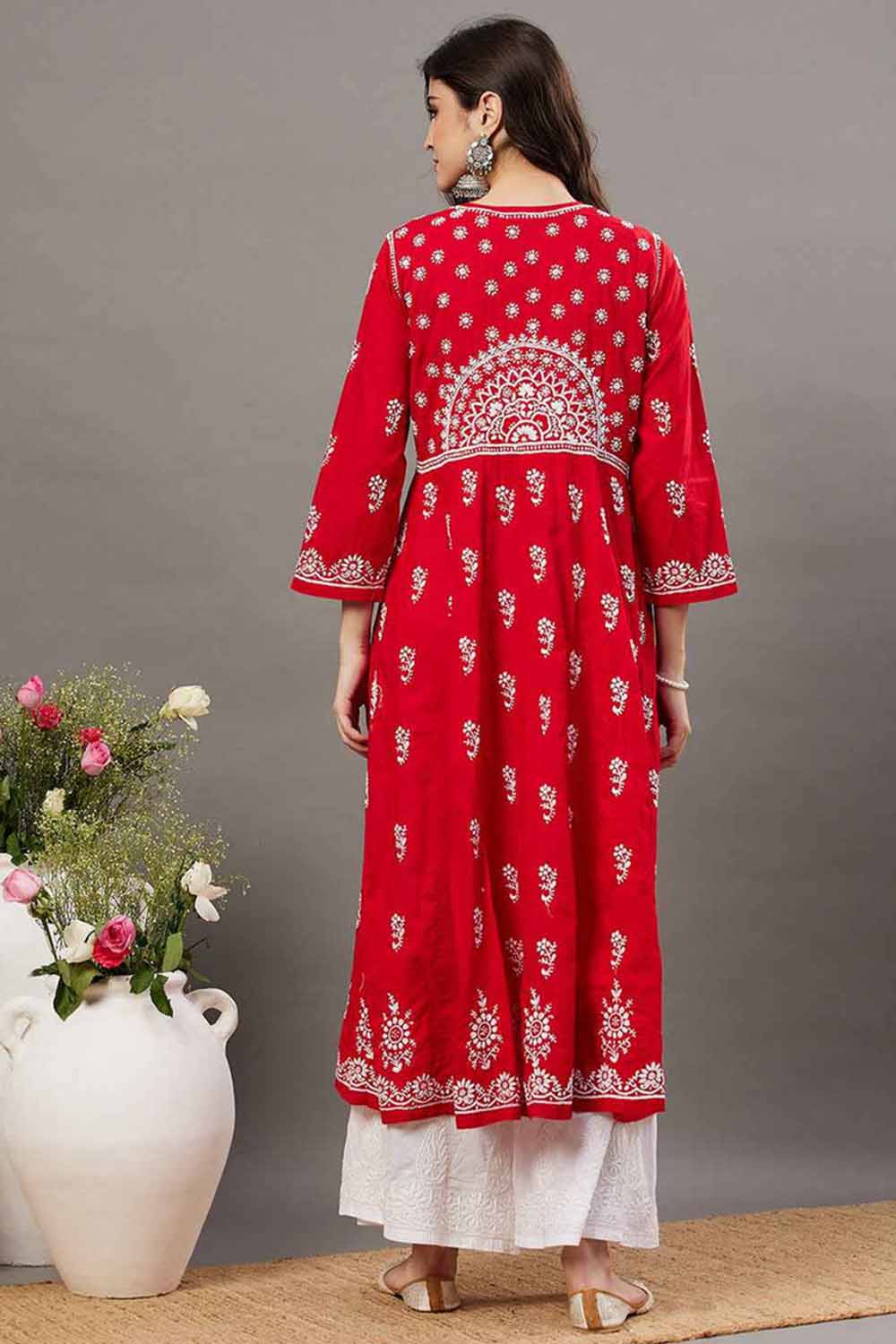Red Cotton Anarkali Chikankari Round Neck
