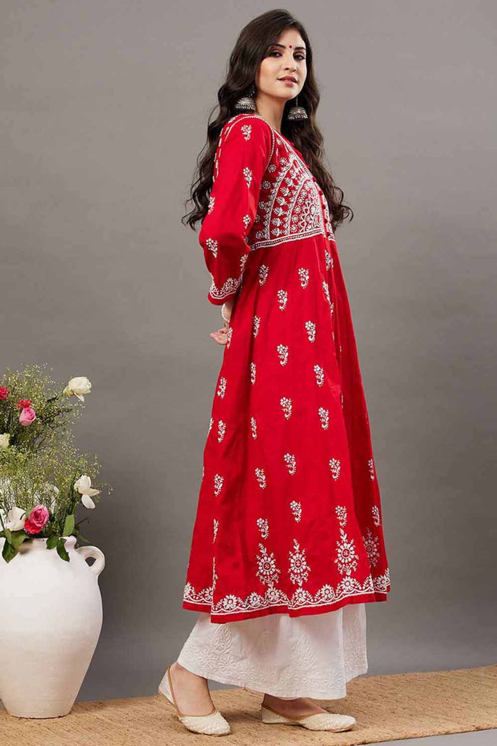 Red Cotton Anarkali Chikankari Round Neck
