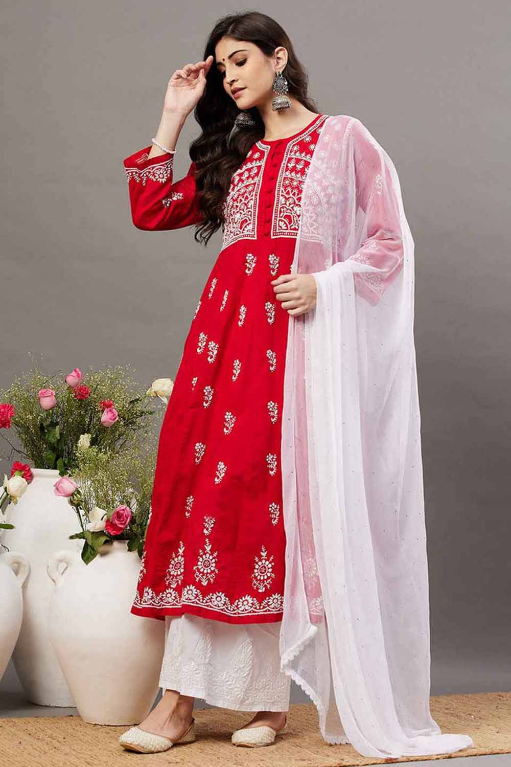 Red Cotton Anarkali Chikankari Round Neck