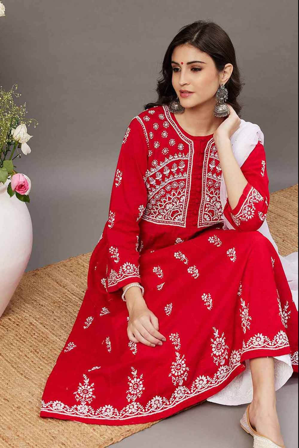 Red Cotton Anarkali Chikankari Round Neck
