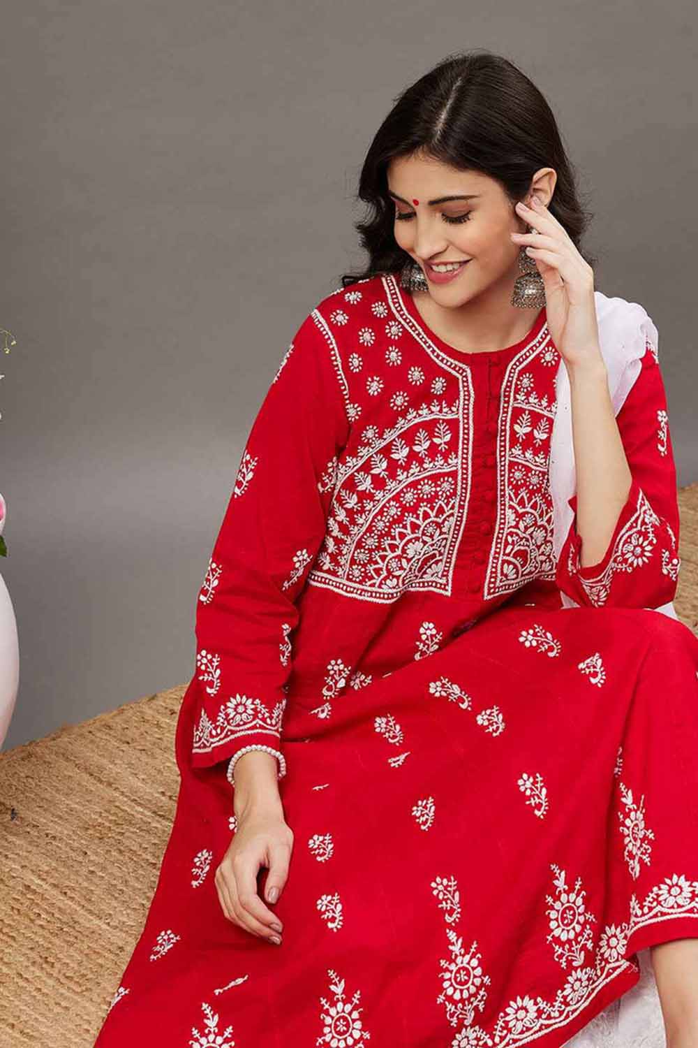 Red Cotton Anarkali Chikankari Round Neck