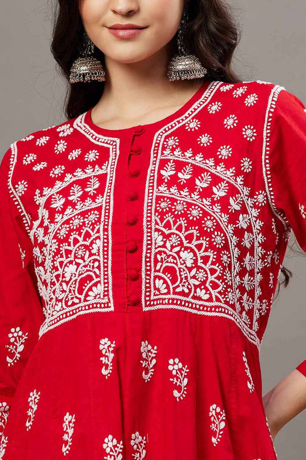 Red Cotton Anarkali Chikankari Round Neck