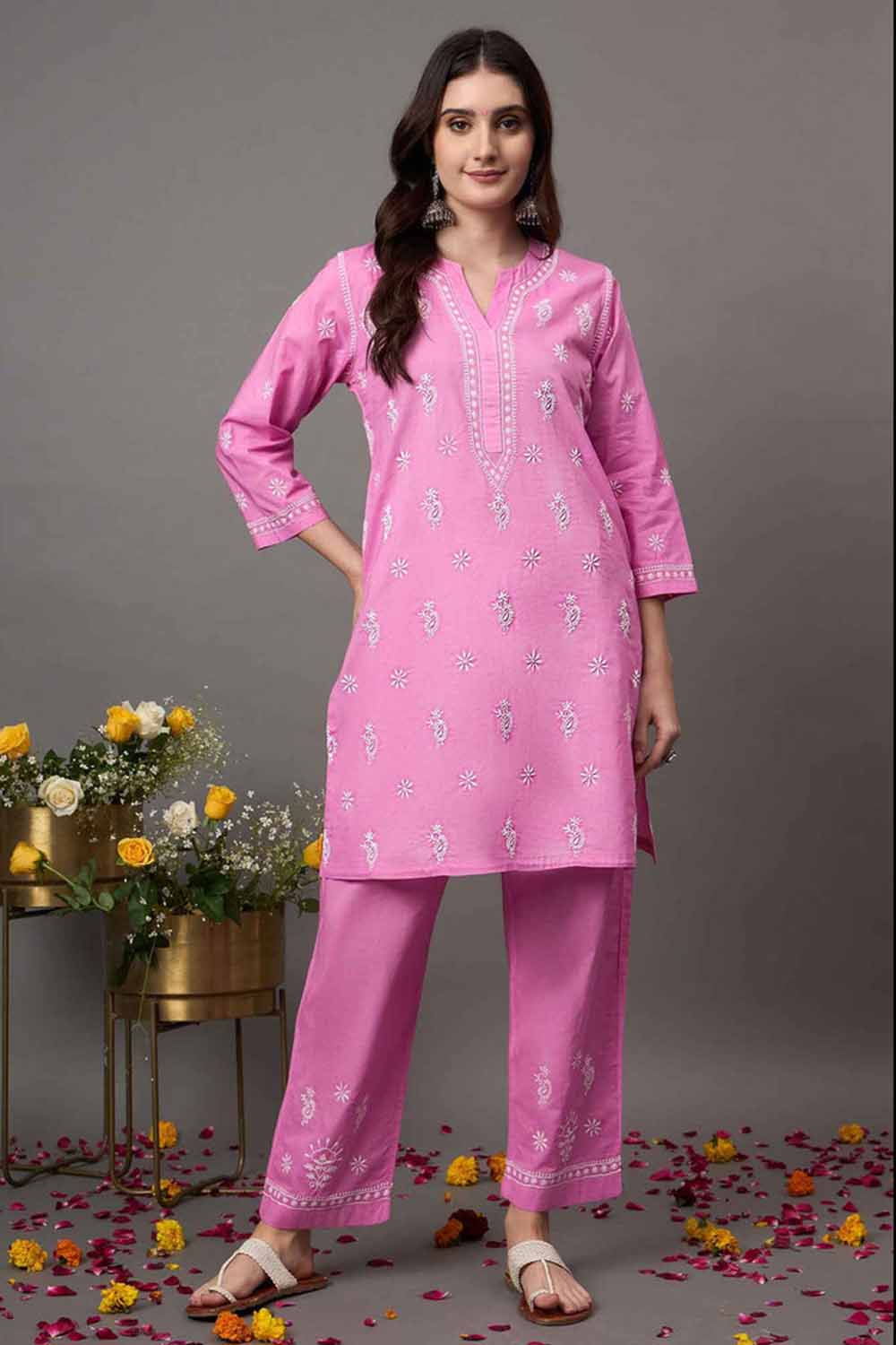 Rose Pink Cotton Cord Set with Chikankari – Set of 2