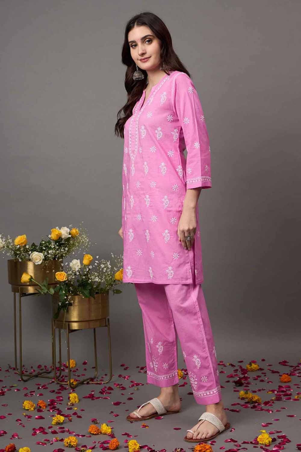 Rose Pink Cotton Cord Set with Chikankari – Set of 2