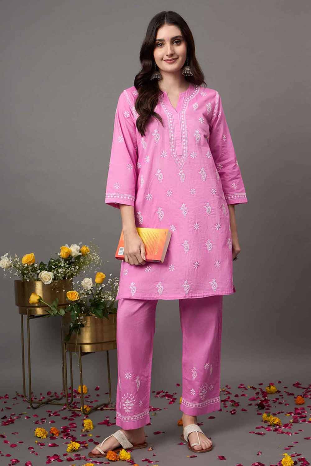 Rose Pink Cotton Cord Set with Chikankari – Set of 2