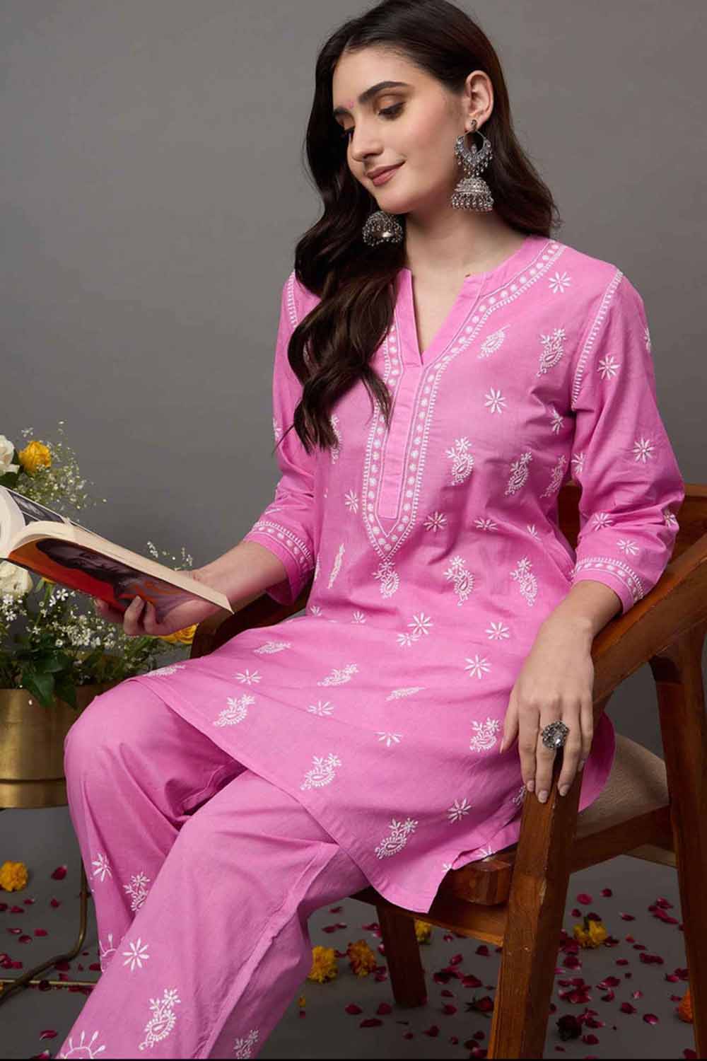 Rose Pink Cotton Cord Set with Chikankari – Set of 2