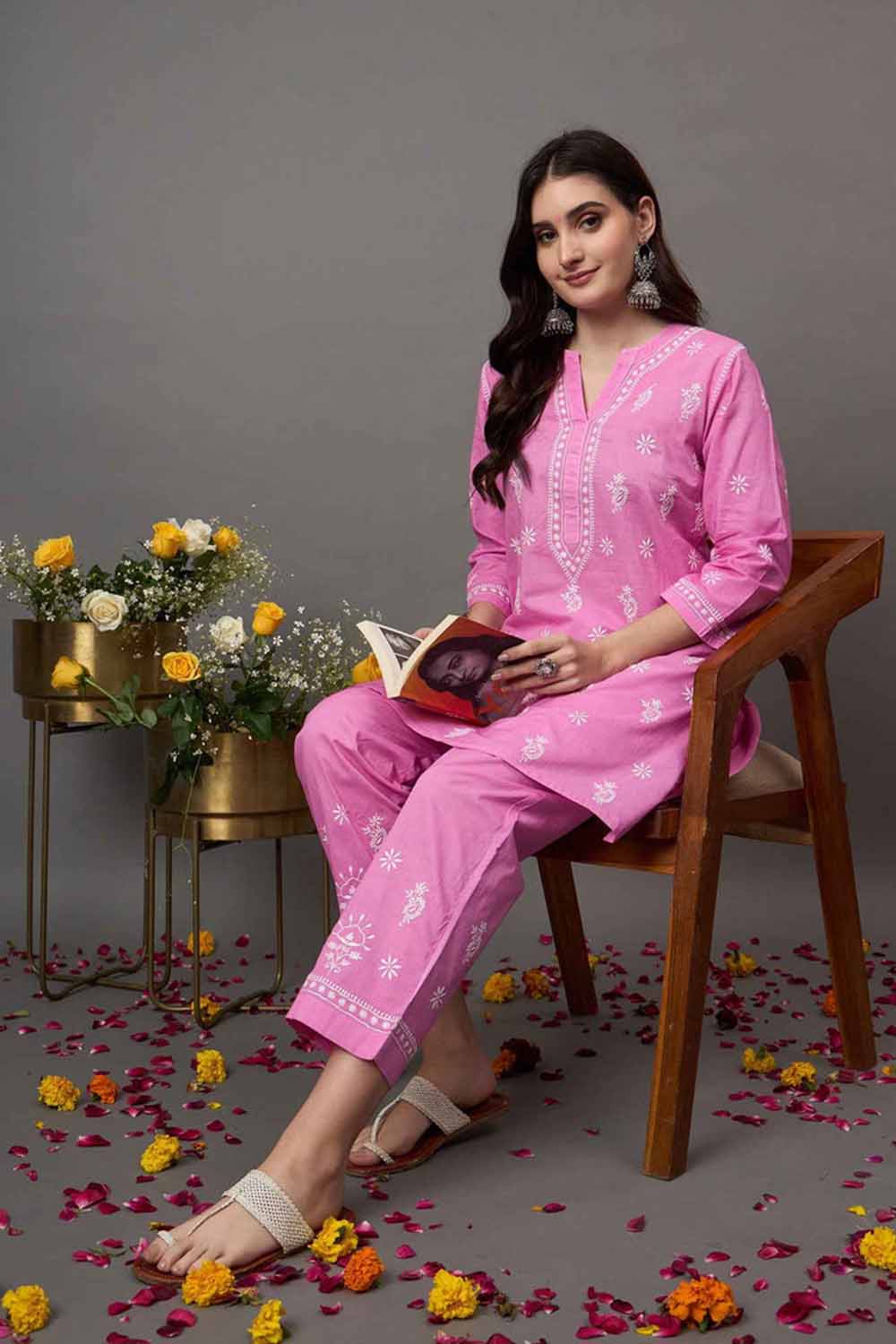 Rose Pink Cotton Cord Set with Chikankari – Set of 2