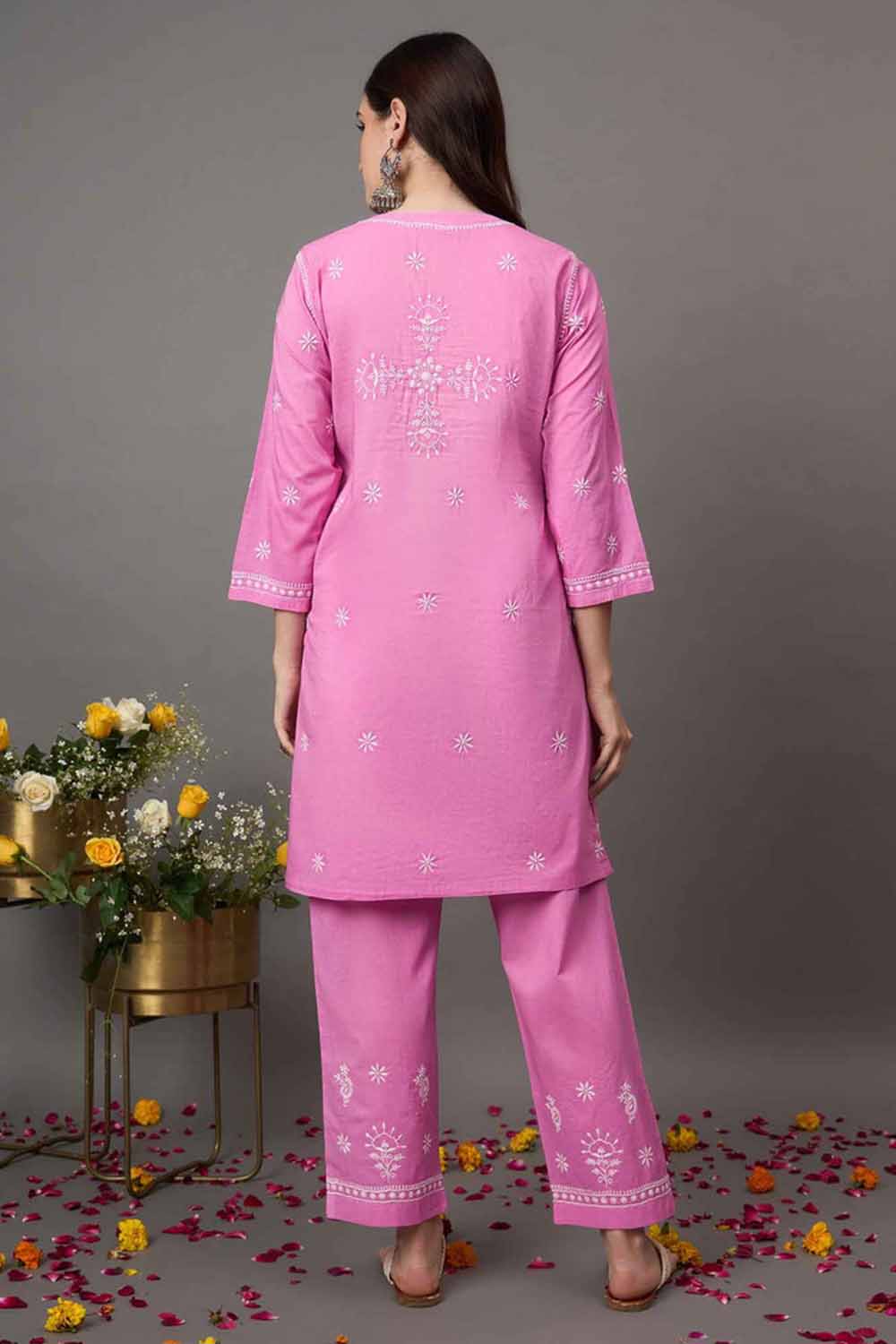 Rose Pink Cotton Cord Set with Chikankari – Set of 2