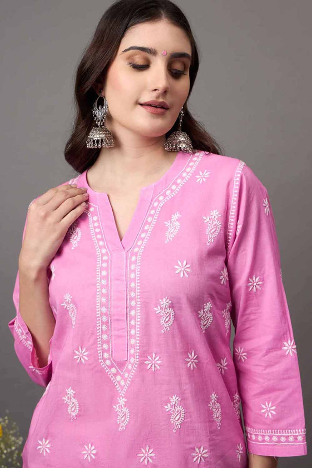 Rose Pink Cotton Cord Set with Chikankari – Set of 2