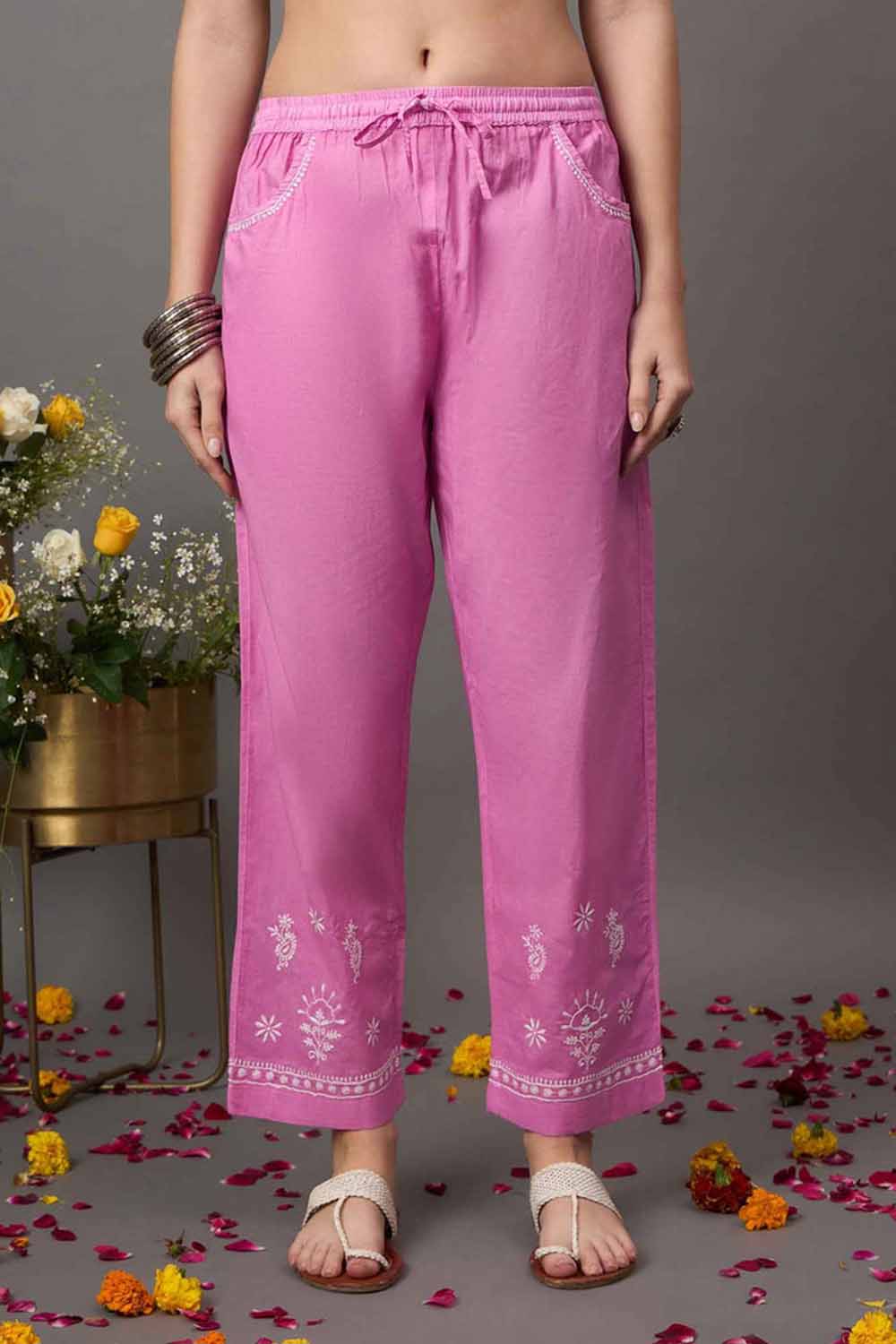 Rose Pink Cotton Cord Set with Chikankari – Set of 2