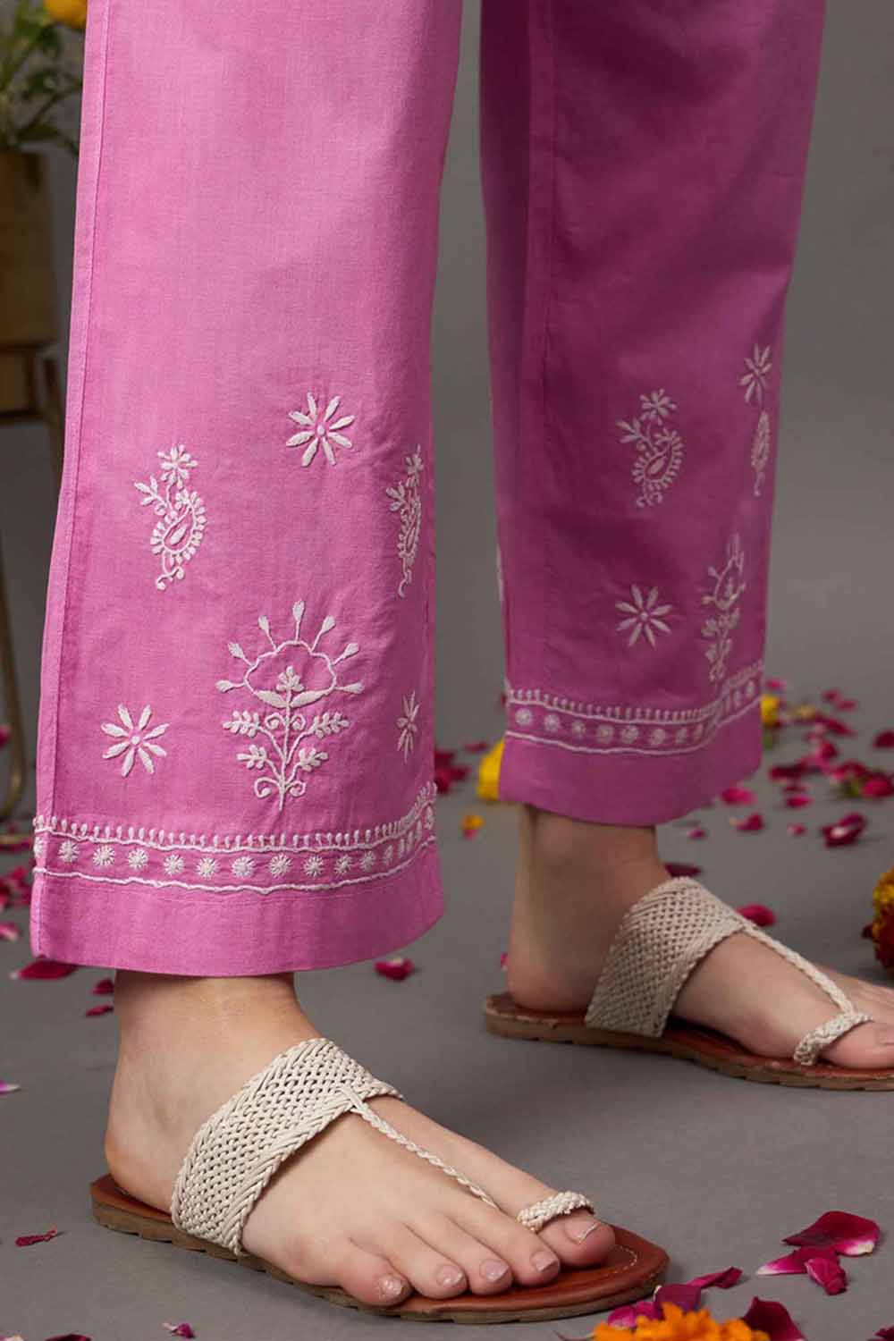 Rose Pink Cotton Cord Set with Chikankari – Set of 2