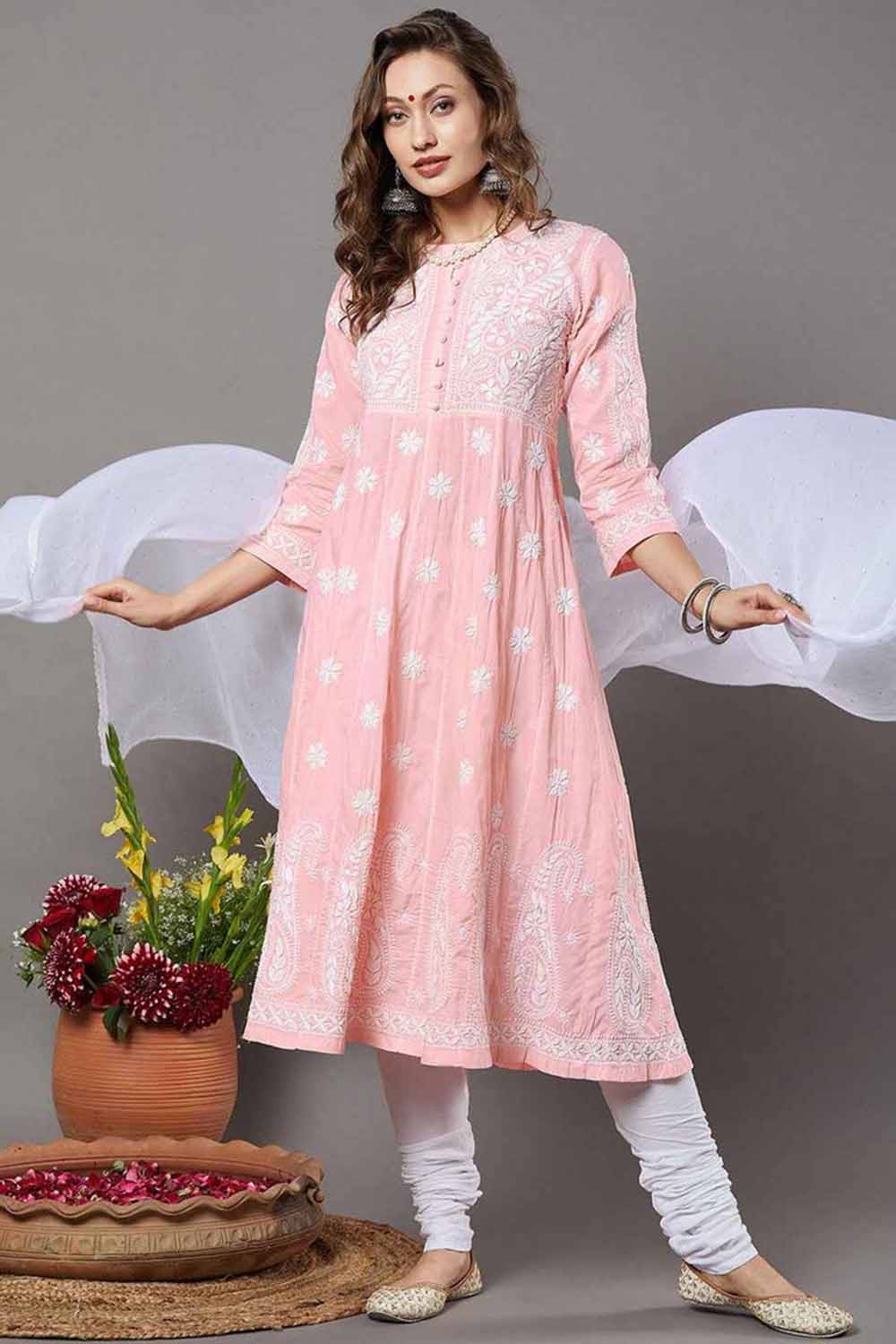 Peach Cotton Chikankari Anarkali