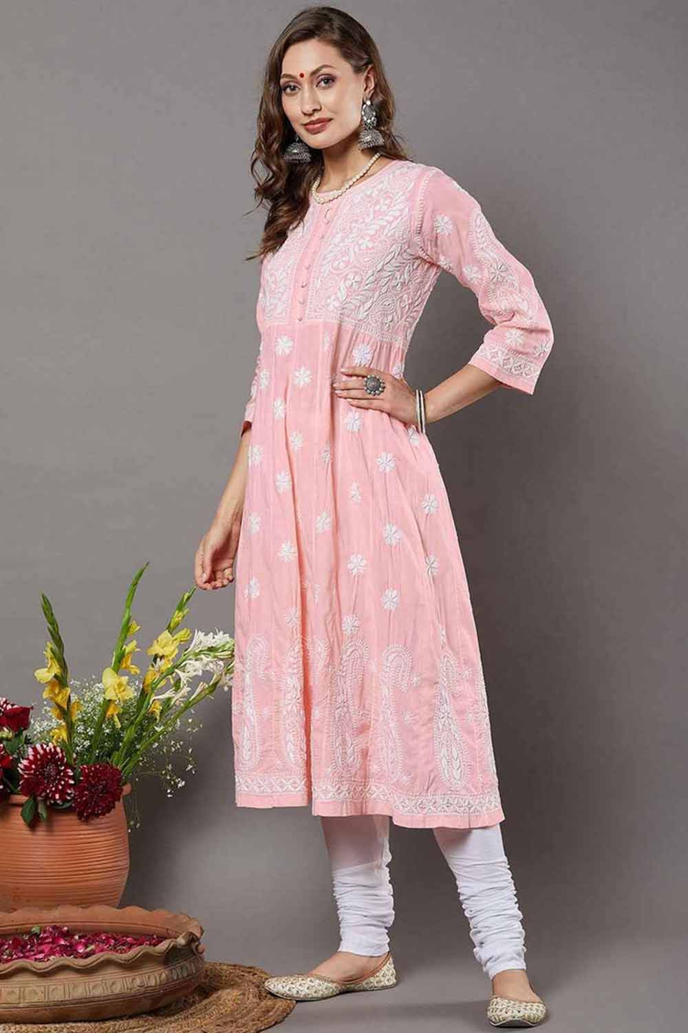 Peach Cotton Chikankari Anarkali
