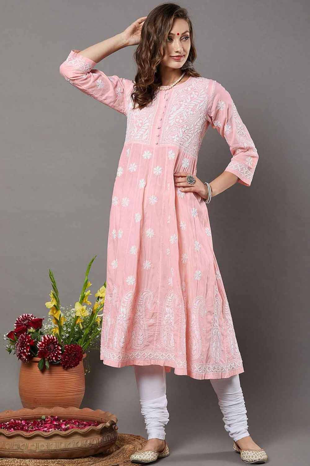 Peach Cotton Chikankari Anarkali