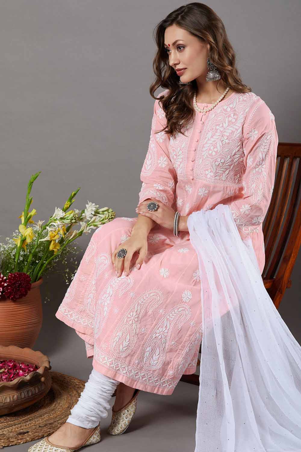 Peach Cotton Chikankari Anarkali