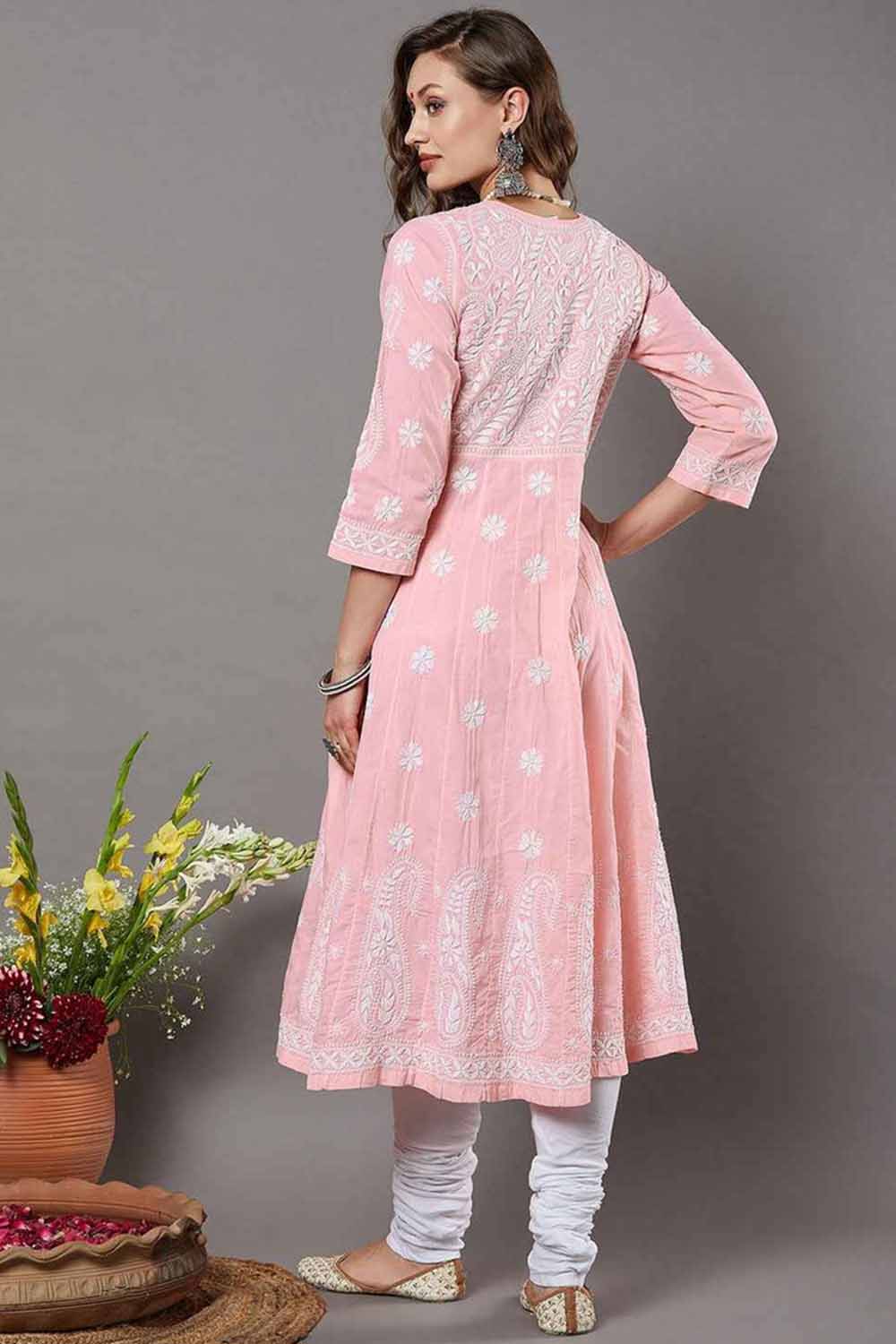 Peach Cotton Chikankari Anarkali