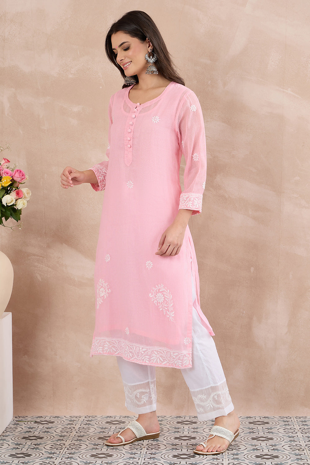 Baby Pink chikankari round neck kota kurta with slip