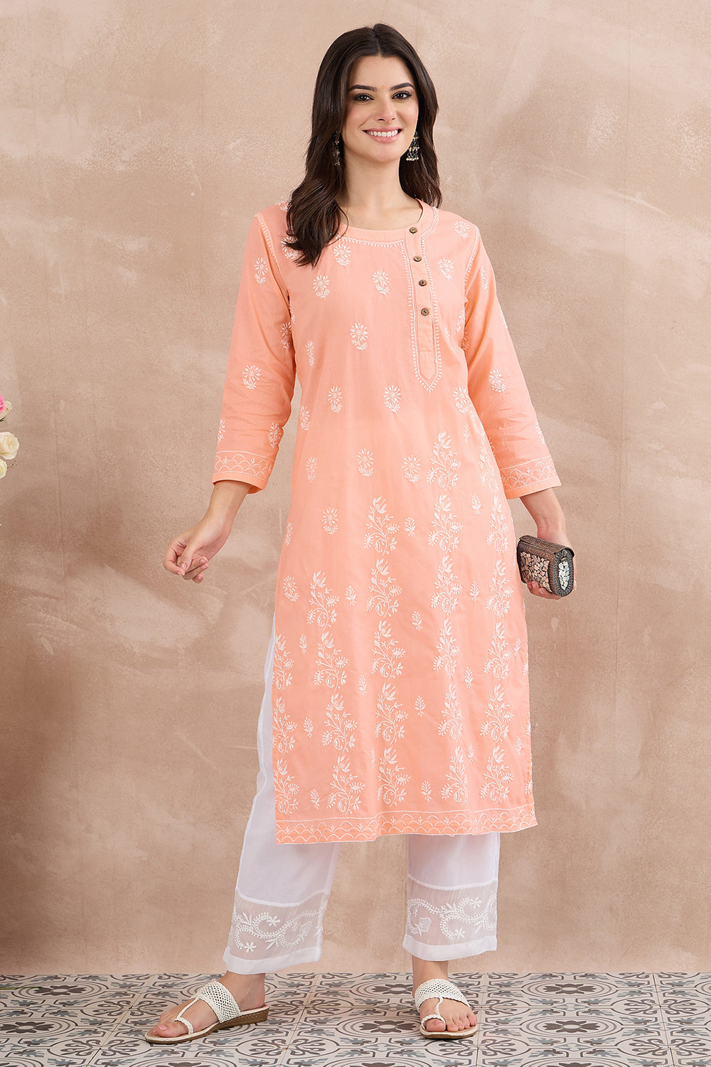 Peach cotton chikankari round neck kurta with side buttons