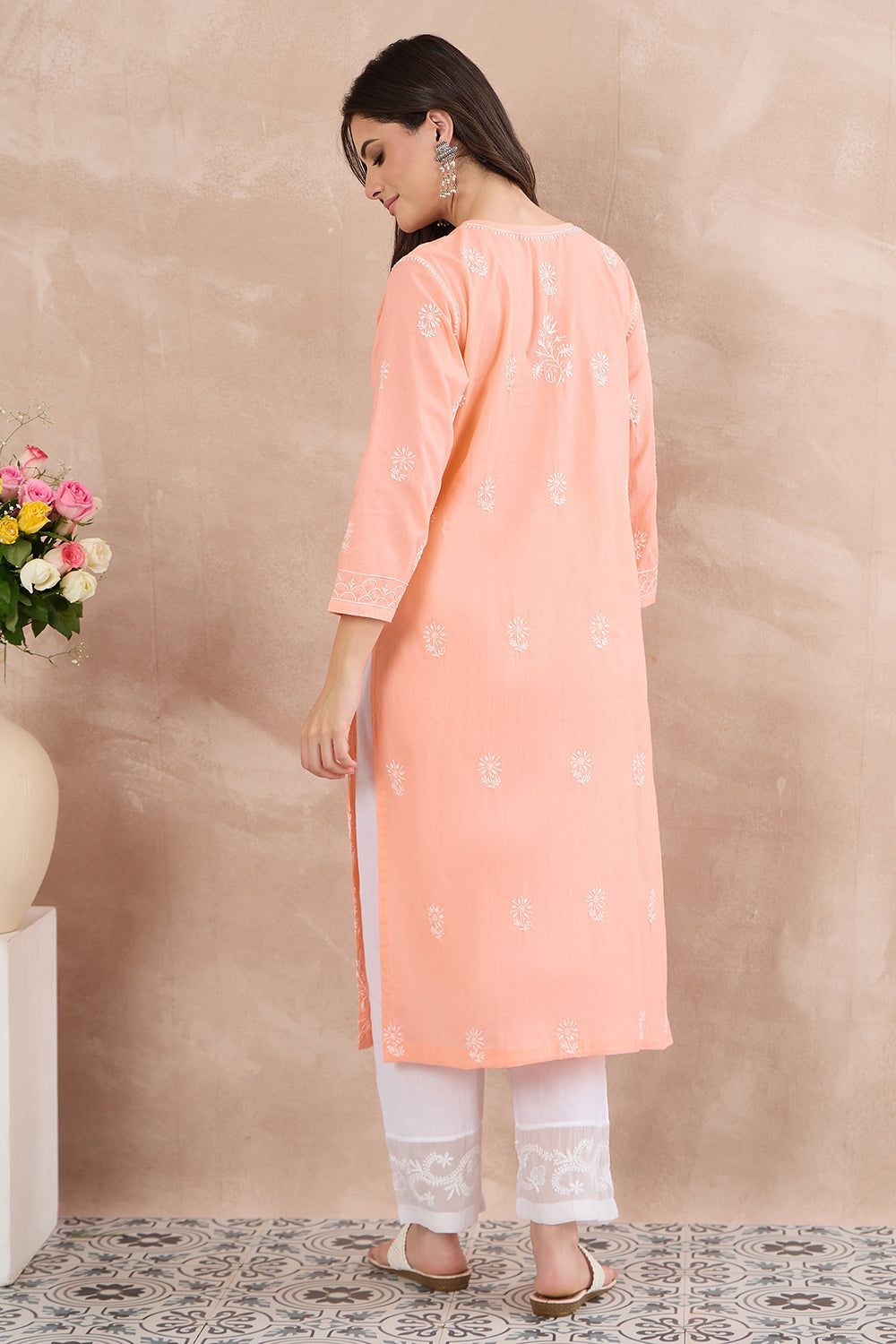 Peach cotton chikankari round neck kurta with side buttons