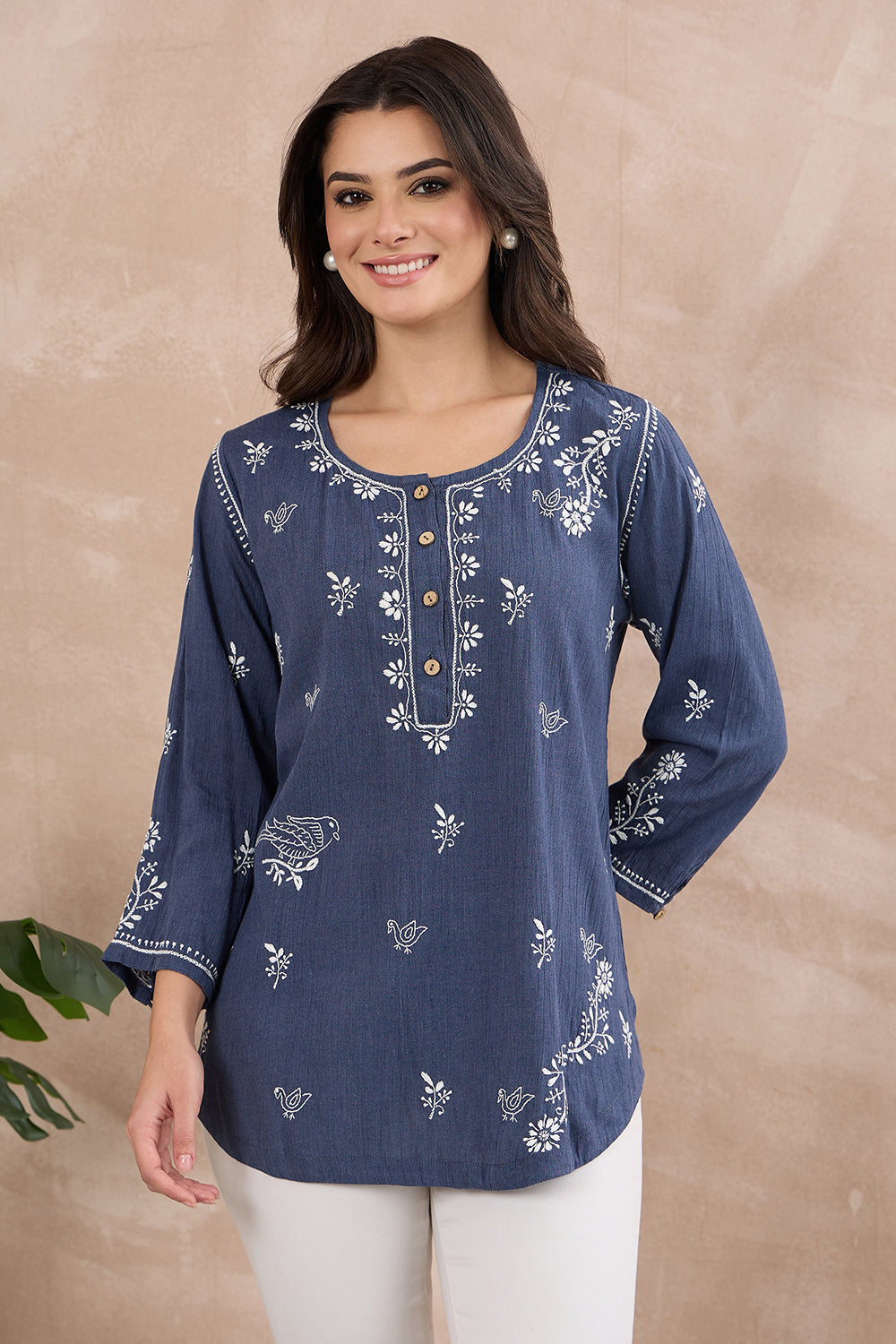 Blue Denim chikankari round neck shirt with front buttons