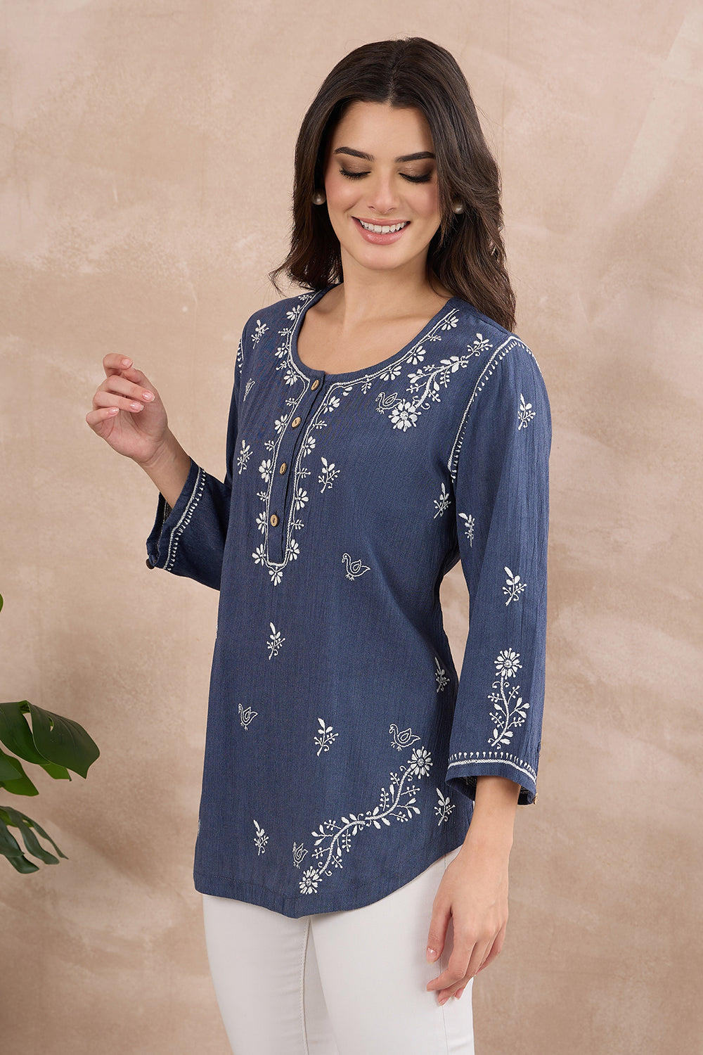Blue Denim chikankari round neck shirt with front buttons