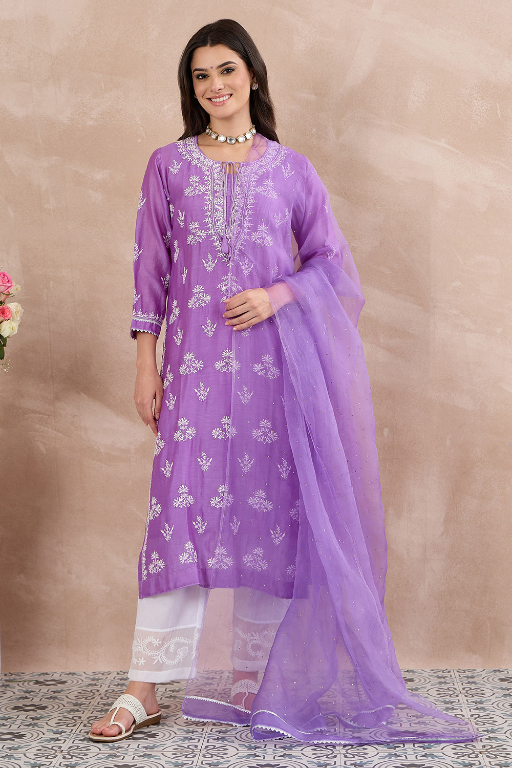 Mauve chanderi kurta with chikankari/mukaish +slip+silk organza dupatta with mukiash work