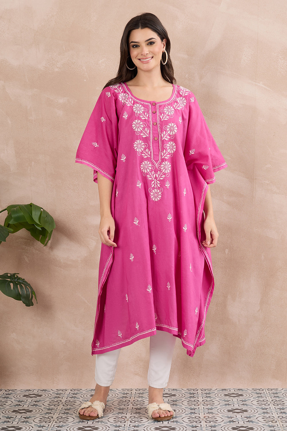 Cherry cotton kaftan with chikankari