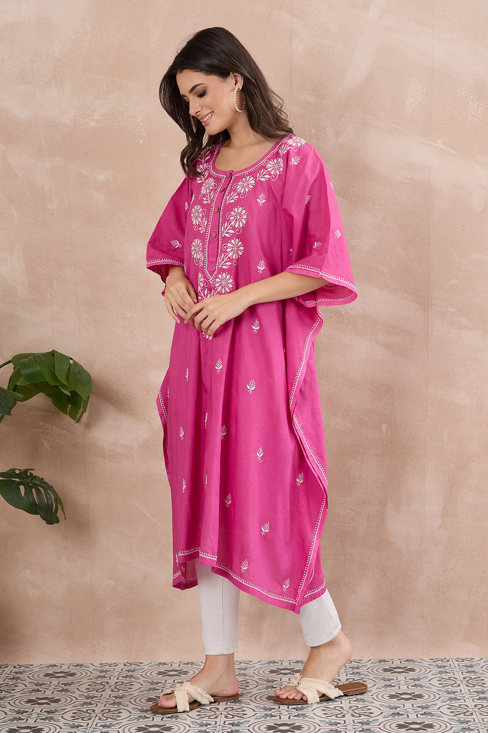 Cherry cotton kaftan with chikankari