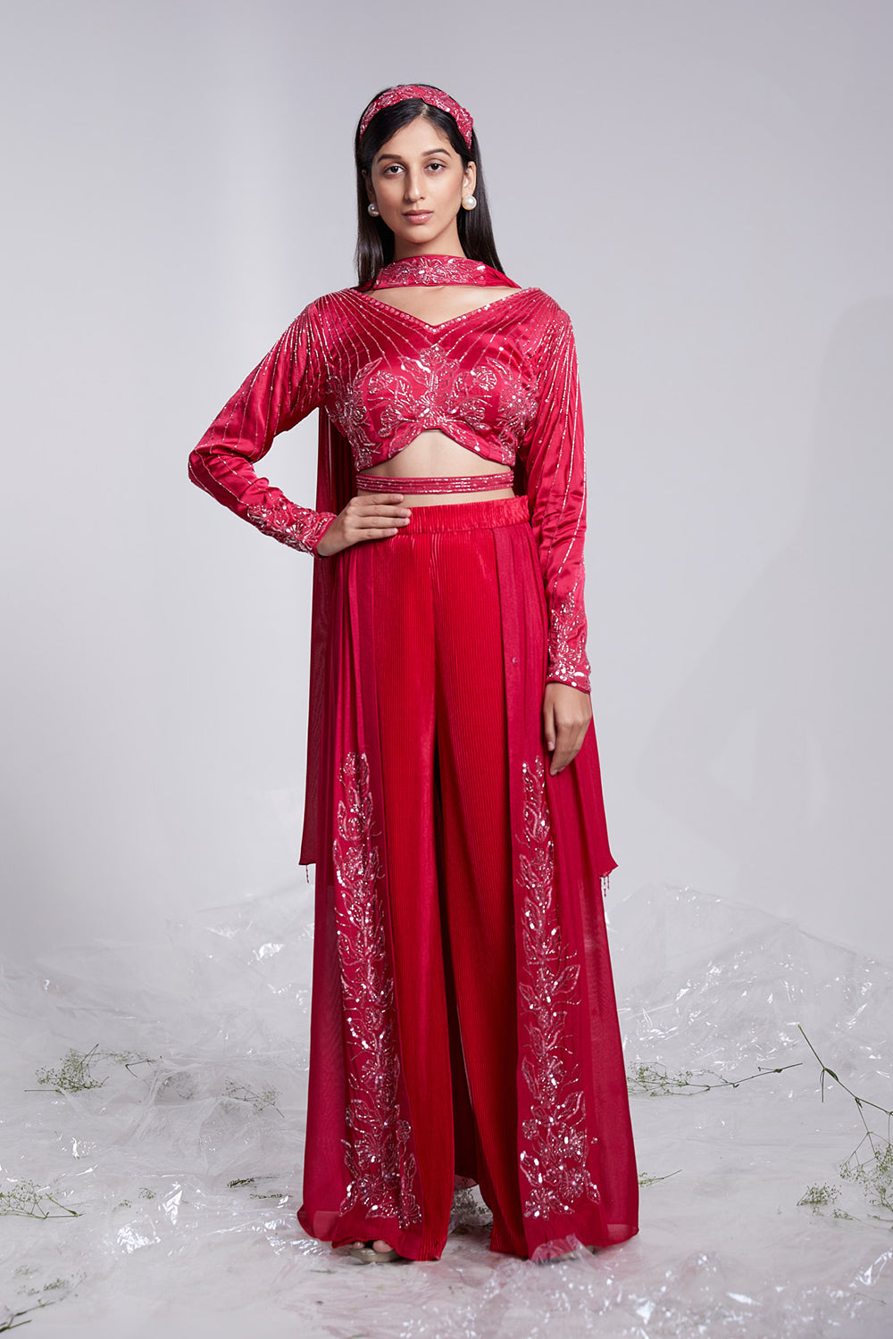 Floral And Geometrical Fusion Set with Embroidered Skirt