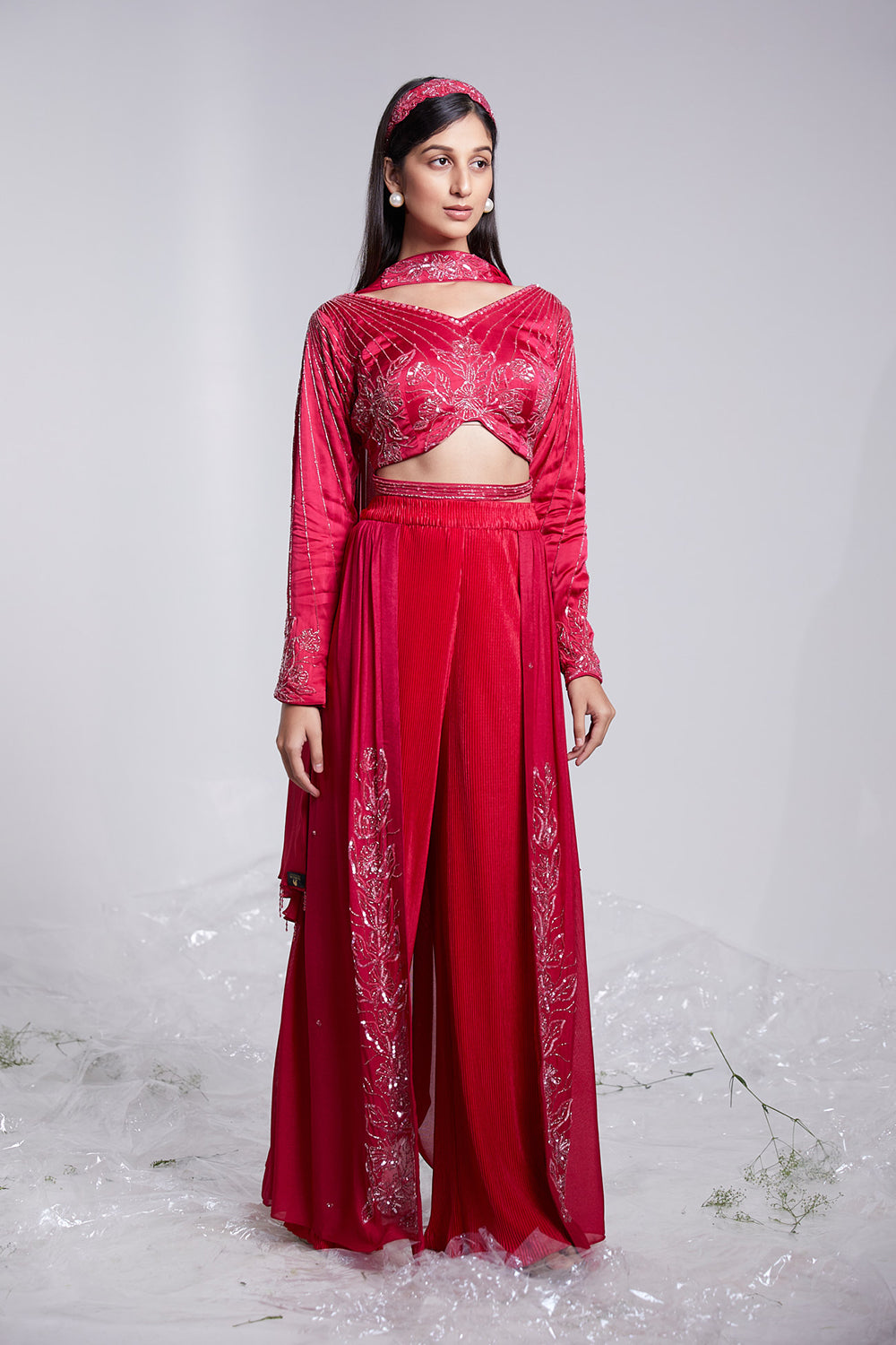 Floral And Geometrical Fusion Set with Embroidered Skirt