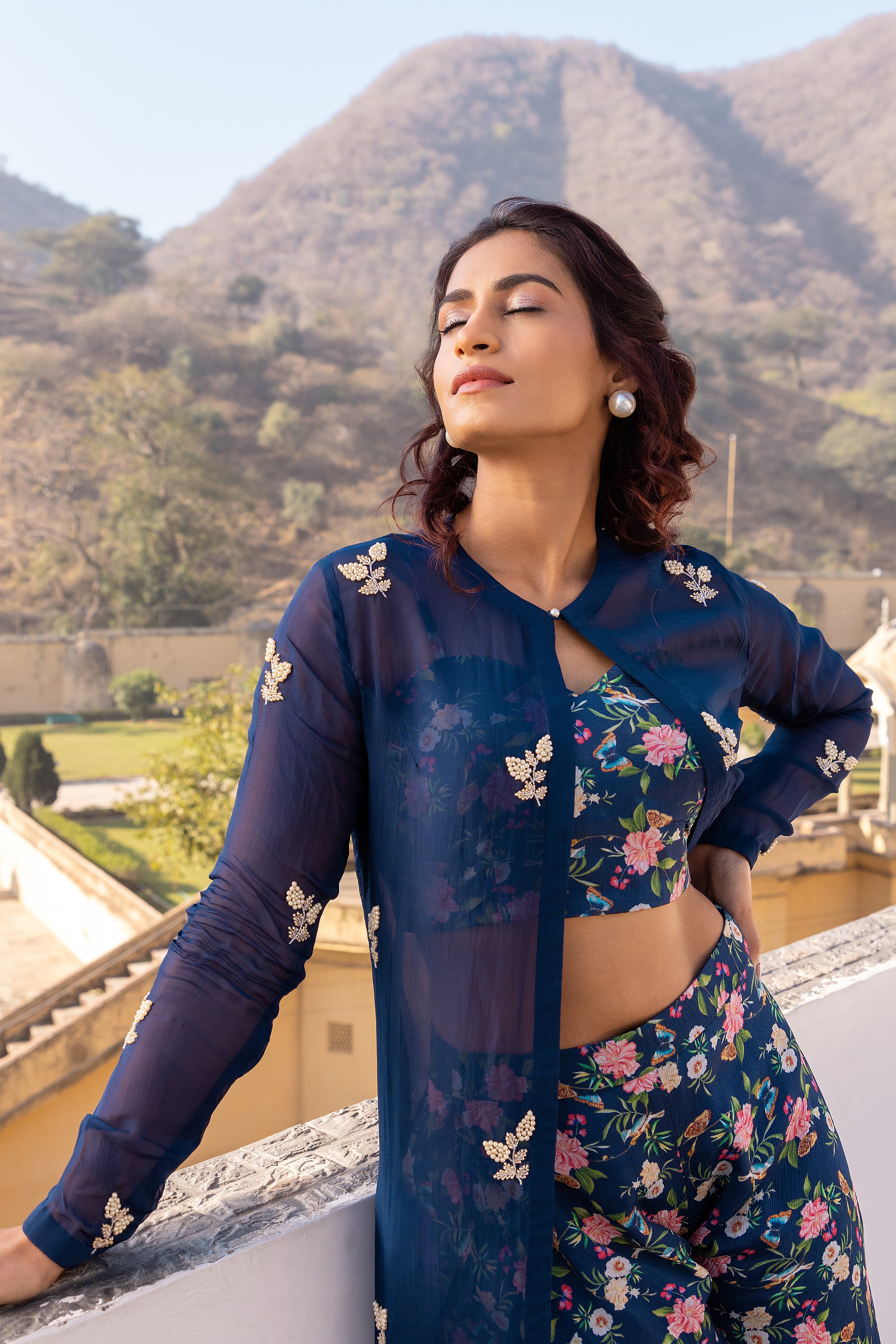 Blue Georgette Crepe Embroidered Jacket Set