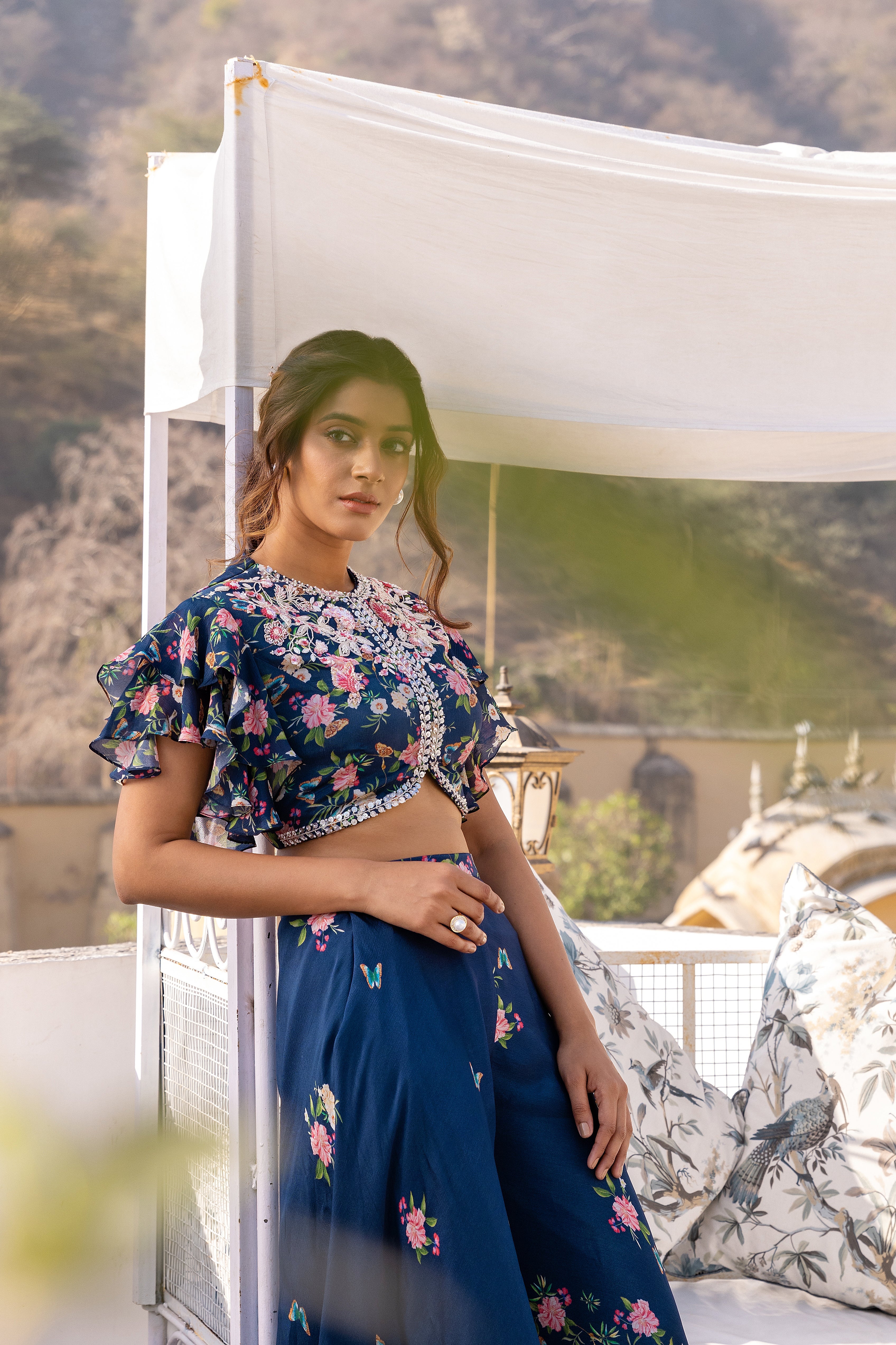 Blue Crepe Georgette Embroidered Pant Set