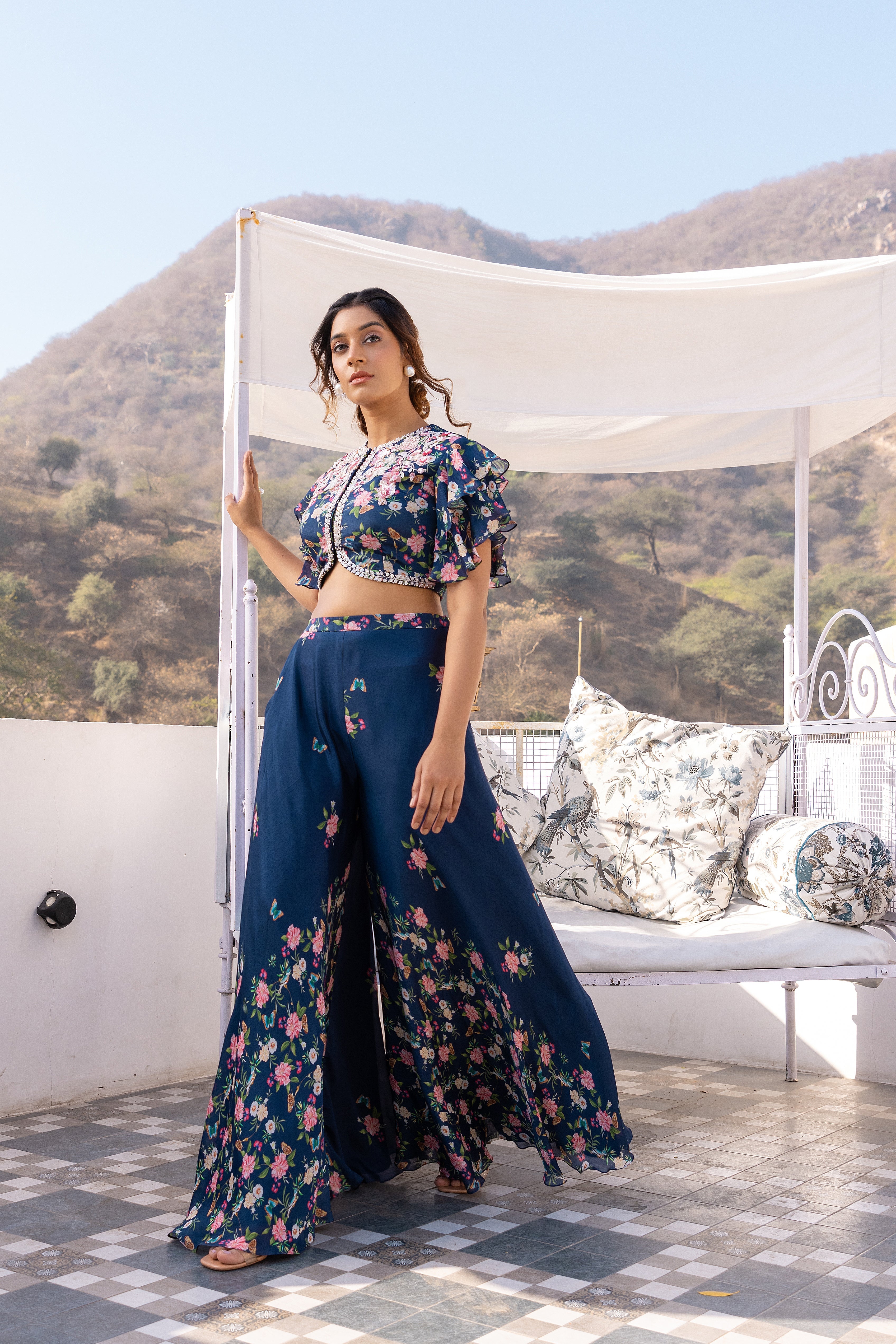 Blue Crepe Georgette Embroidered Pant Set