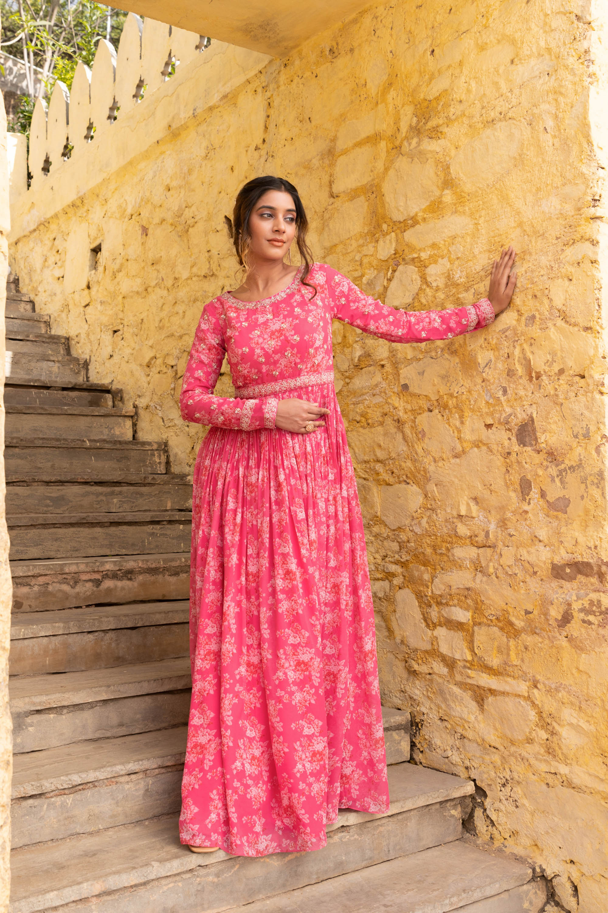 Fuchsia Pink Georgette Hand Embroidered Anarkali Set