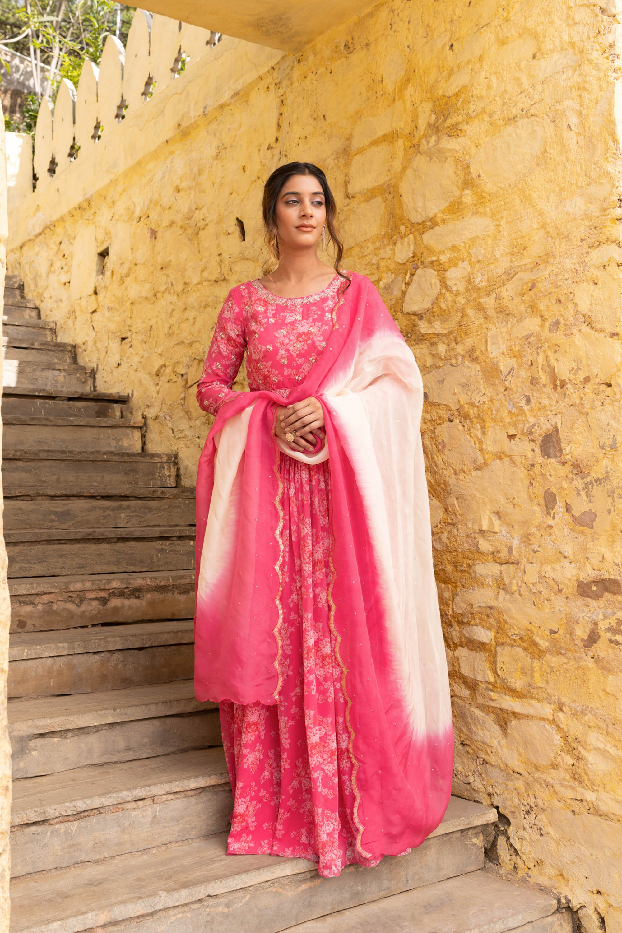Fuchsia Pink Georgette Hand Embroidered Anarkali Set