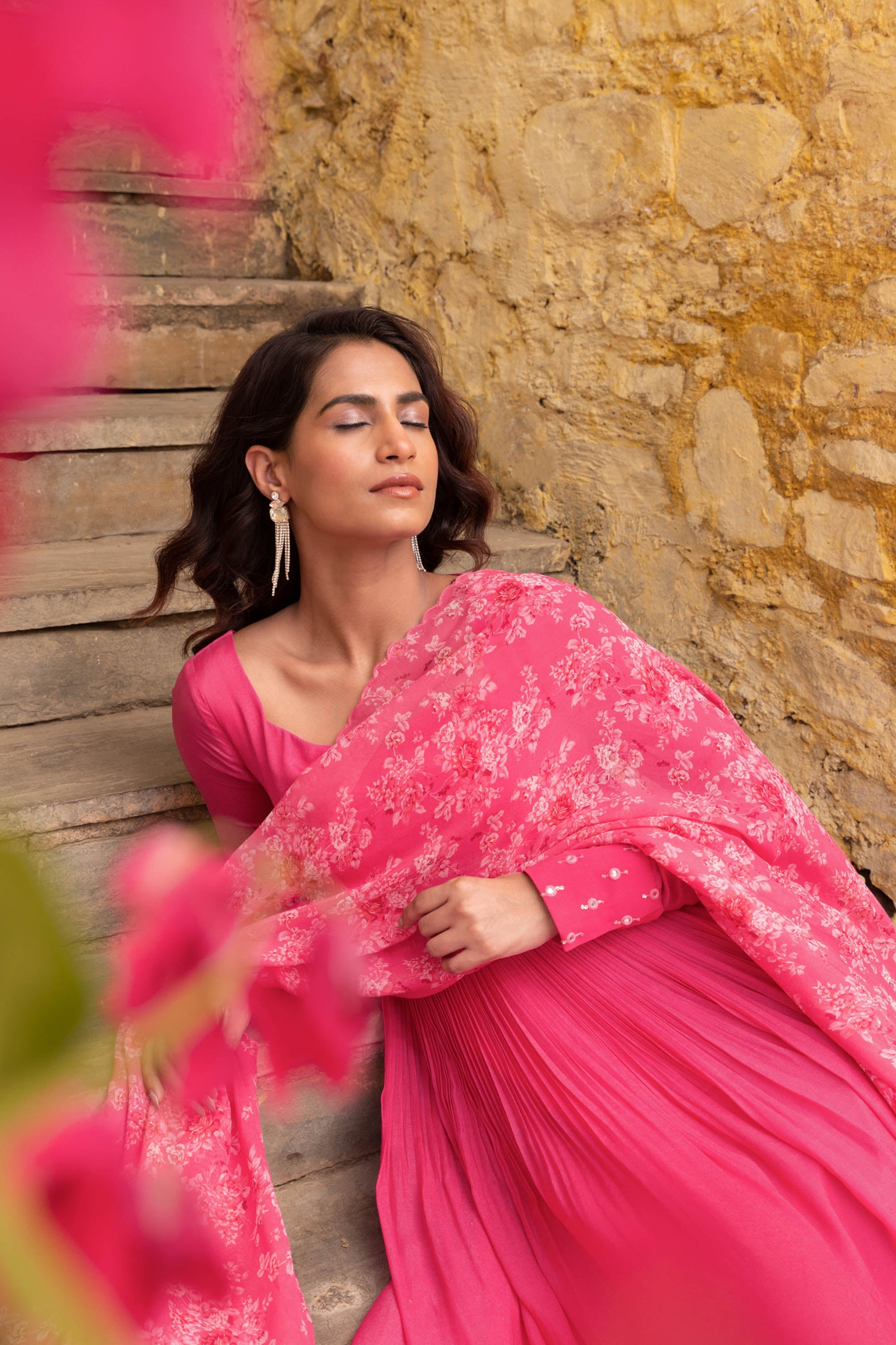 Fuchsia Pink Georgette Embroidered Anarkali Set