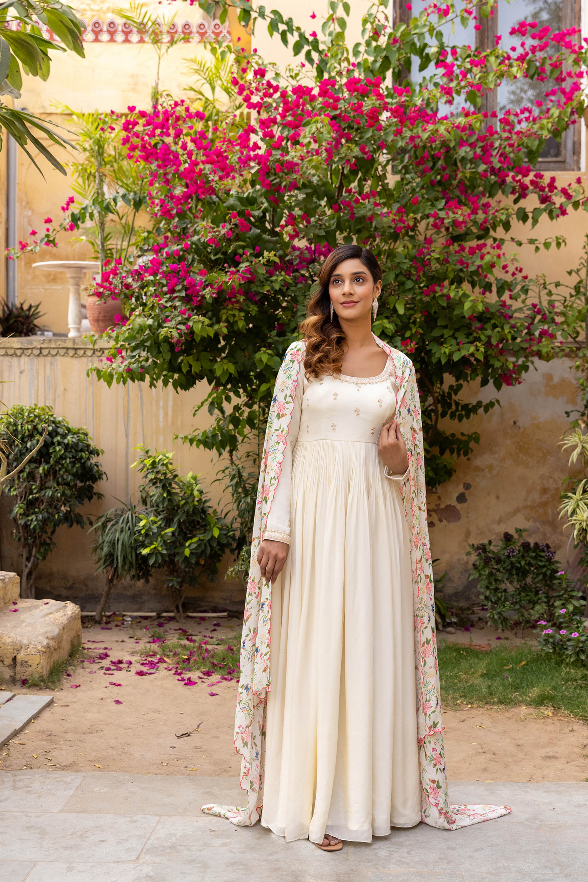 Off-White Georgette Crepe Embroidered Anarkali Set