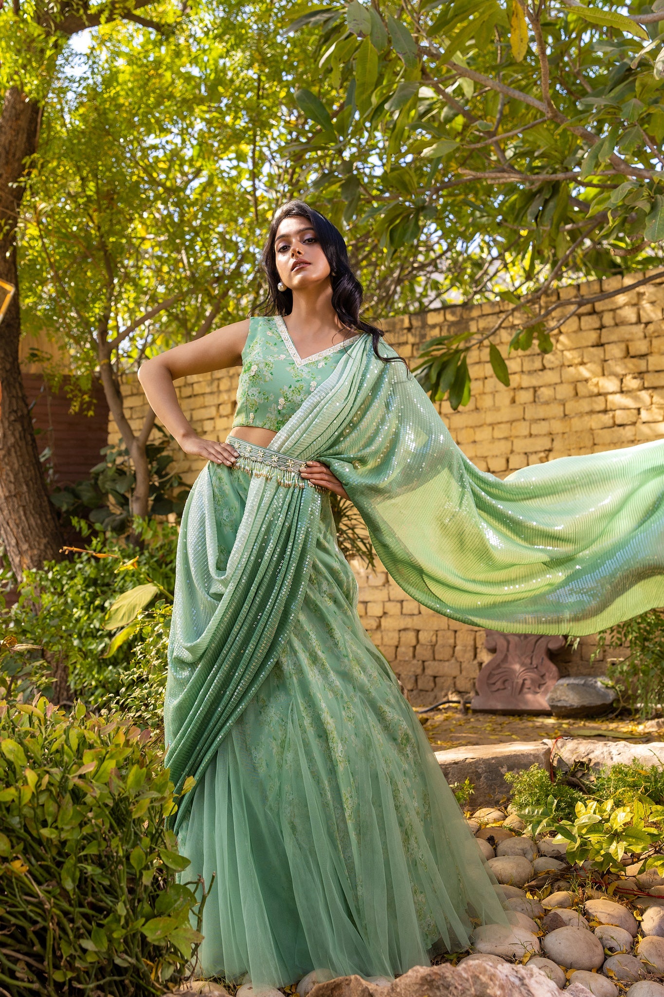 Green pre drape lehenga saree