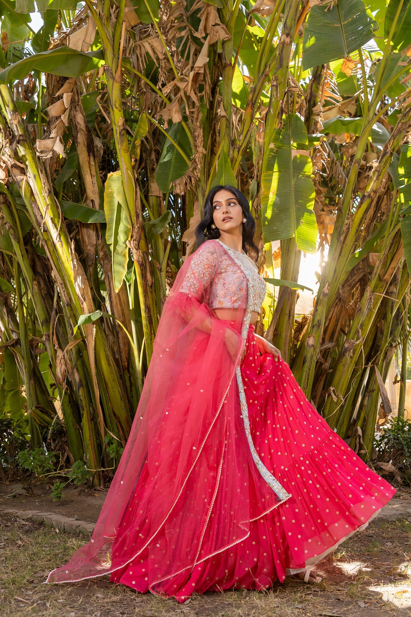 Coral light blue fur lehenga set